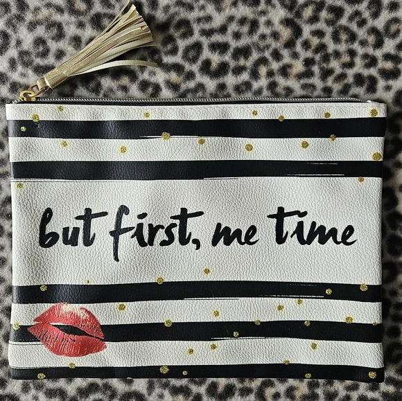 "But First, Me Time" Black and White Striped Oversized Travel Cosmetic Pouch Bag - Picture 1 of 7